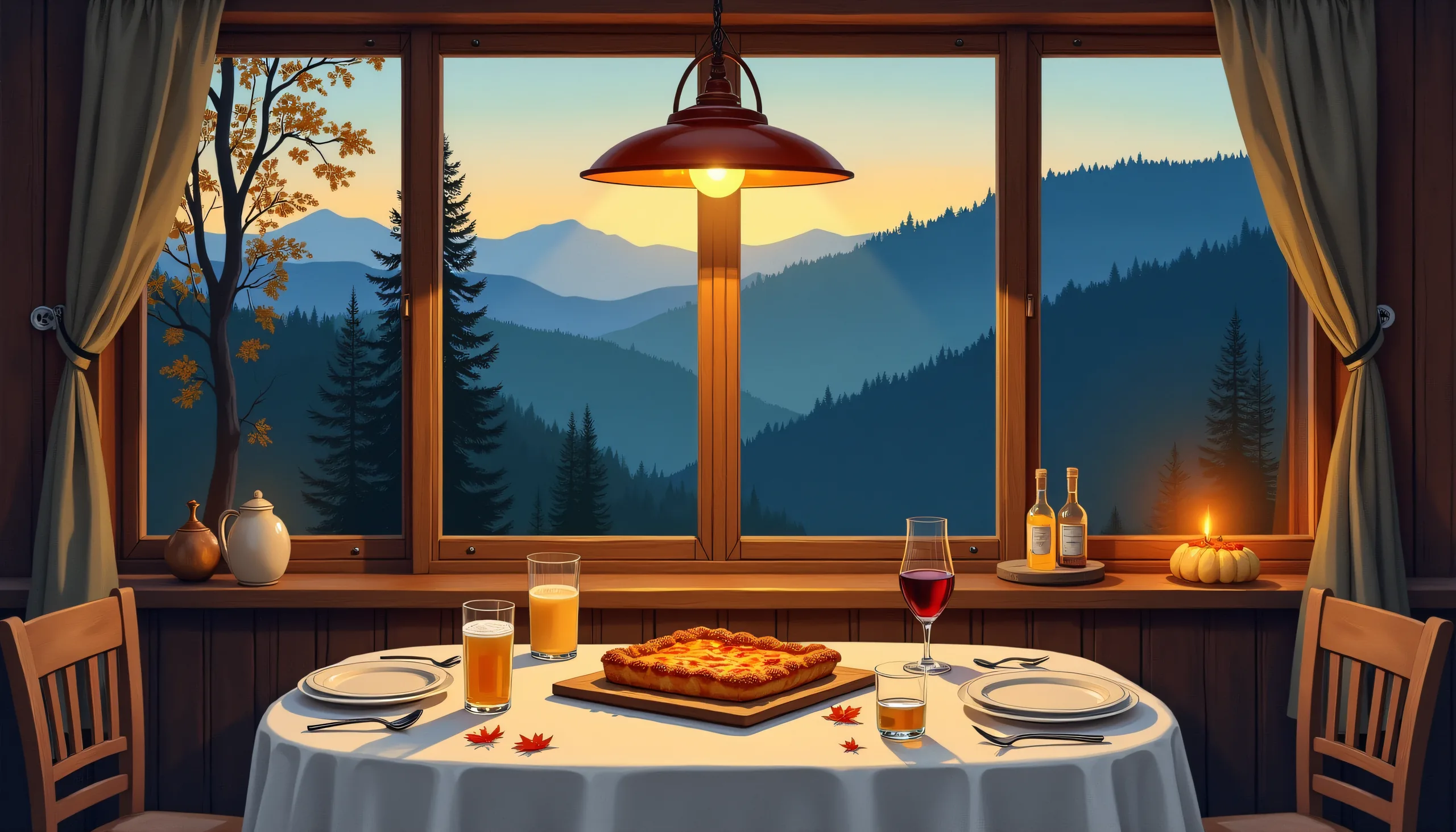 Gemalte Gaststube der Harzer Stube im Herbst: gedeckter Tisch mit Flammkuchen am Fenster, Blick auf die Harzberge in der Abenddämmerung